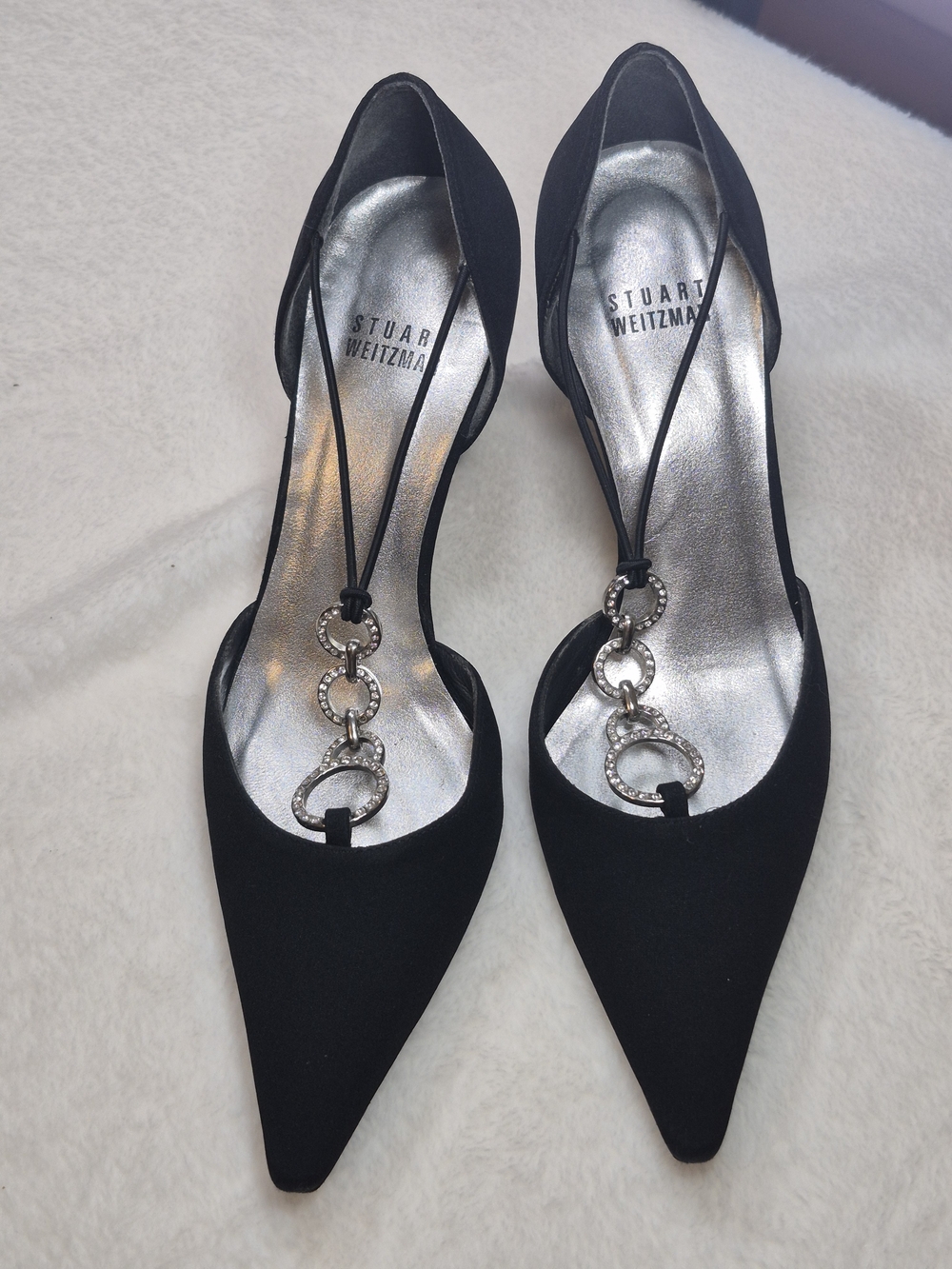 Stuart Weitzman Black Pointed D'Orsay Pumps with Crystal Loop Accent